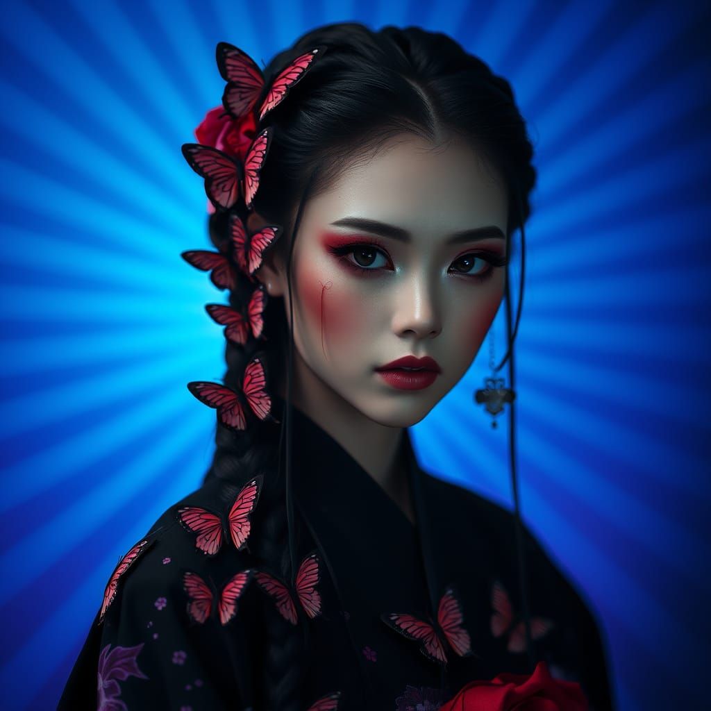 Japanese-inspired dark fantasy portrait. Close-up head and s...