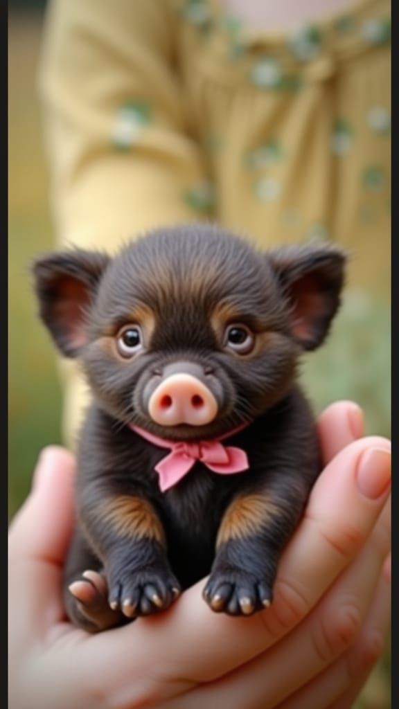 Little Girl with a Piglet in a Whimsical Summer Meadow