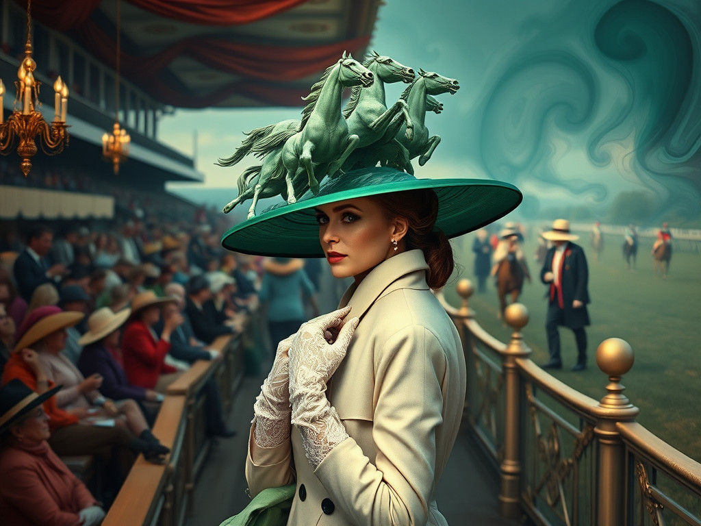 Woman's Emerald Hat with Horses, Surreal Art