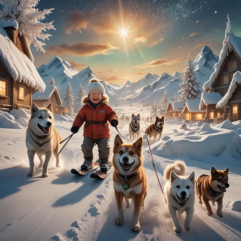 Norwegian Baby Skiing in North Pole Fantasy Art