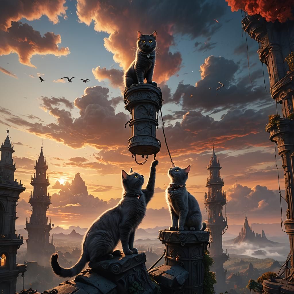 Sunset Silhouette with Nebelung Cat, Detailed Matte Painting