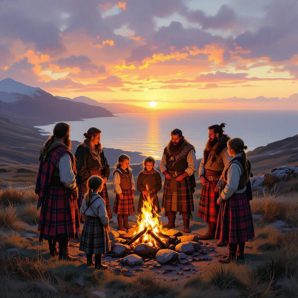 Brythonic Ancestors Gather at Sunset, Scottish Landscape