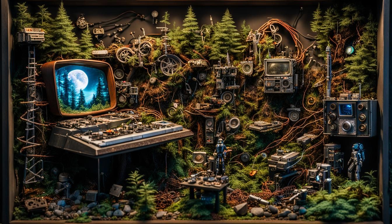 an assemblage wall hanging diorama of a forest and sci-fi equipment made entirely out of recycled plastics, broken elect...