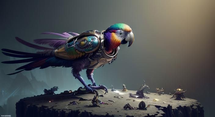 Mechanical Parrot on Alien Skull: Dark Fantasy Art