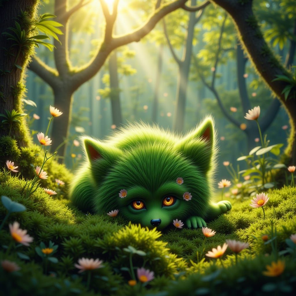 Fluffy Moss Puppy with Wildflower Eyes on Forest Floor