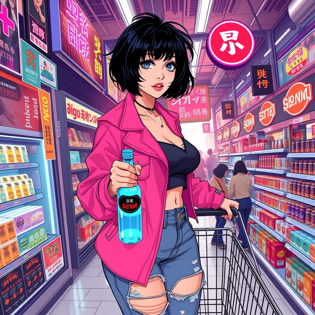Neon Dreamscapes: Retro-Futuristic Supermarket Scene