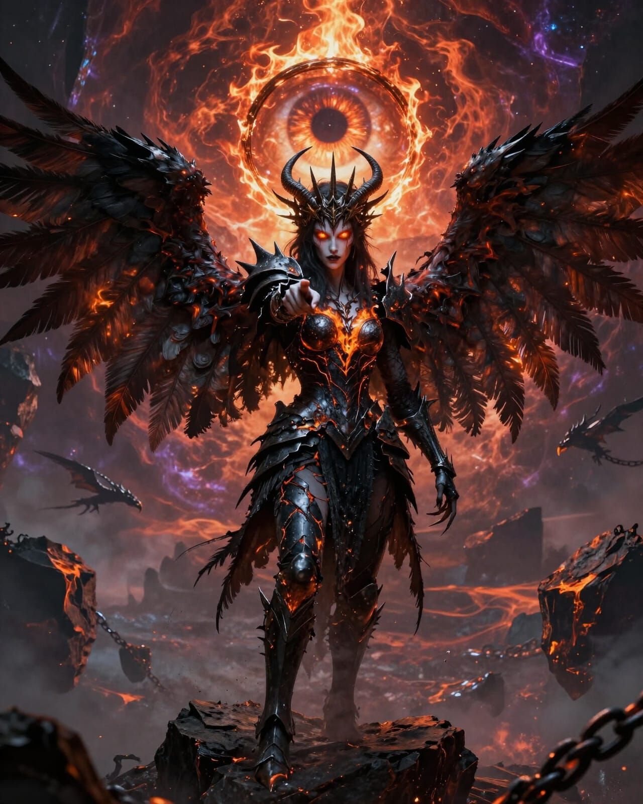 Demonic Harpy Queen with Cosmic Eye in Surreal Fantasy