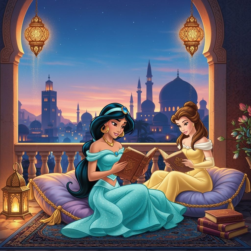 Princesses Jasmine and Belle Reading on a Moroccan Balcony