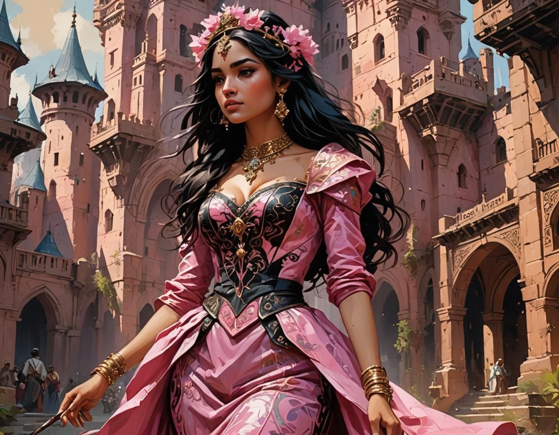 {Hyper Detailed Gorgeous Arabian princess wearing an elegant pink dress with black trim} ((( Hourglass figure, Carne Gri...
