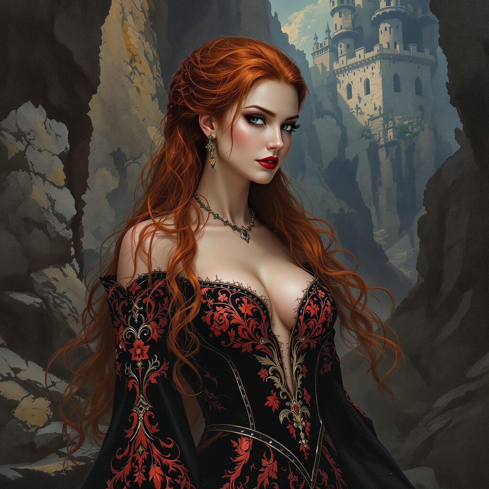 Medieval Queen with Red Hair in Oil Painting Style