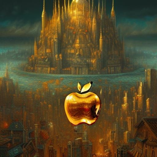 Intricate Gold Apple Temple in Dark Fantasy Style