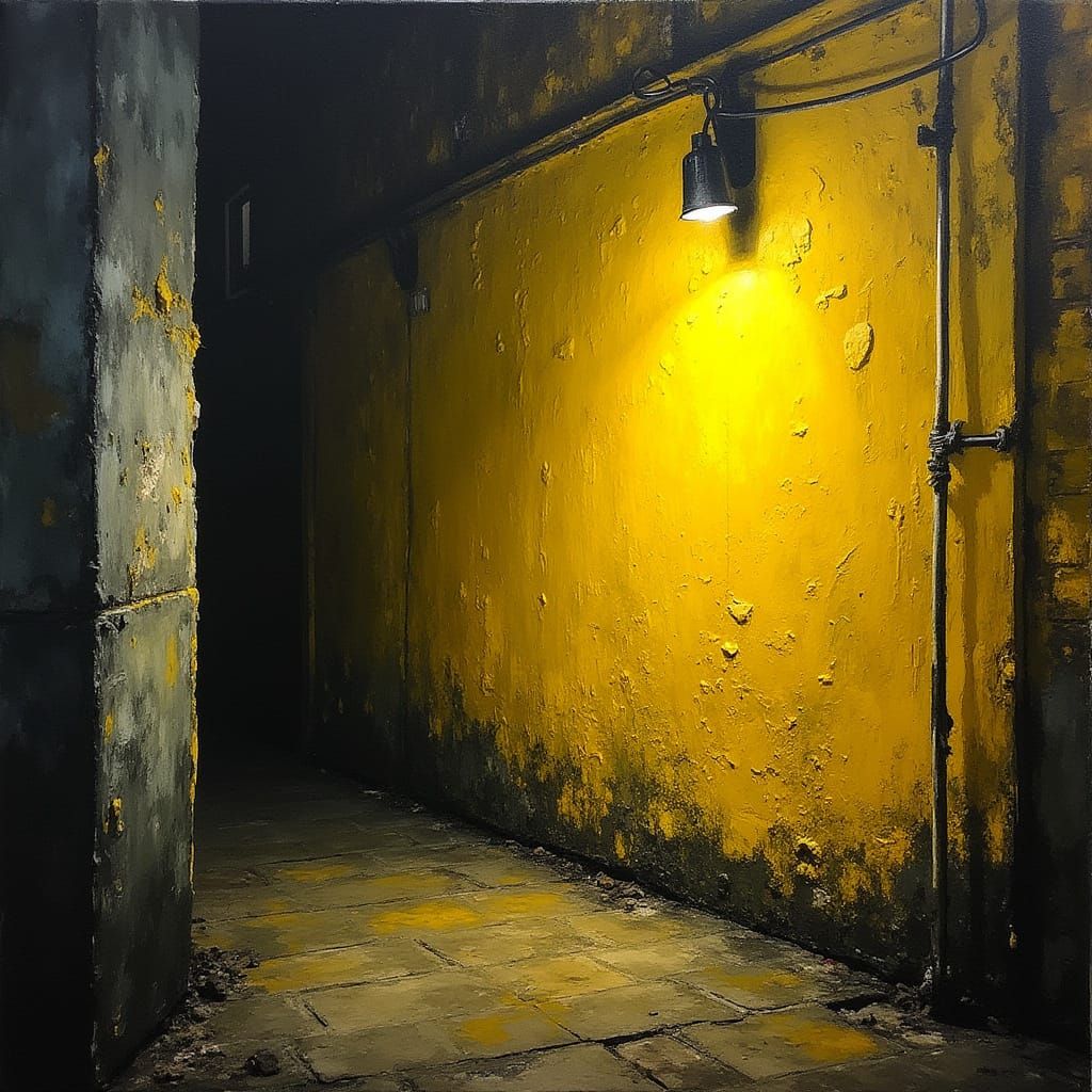 Vibrant Yellow Wall in Dark Urban Alley