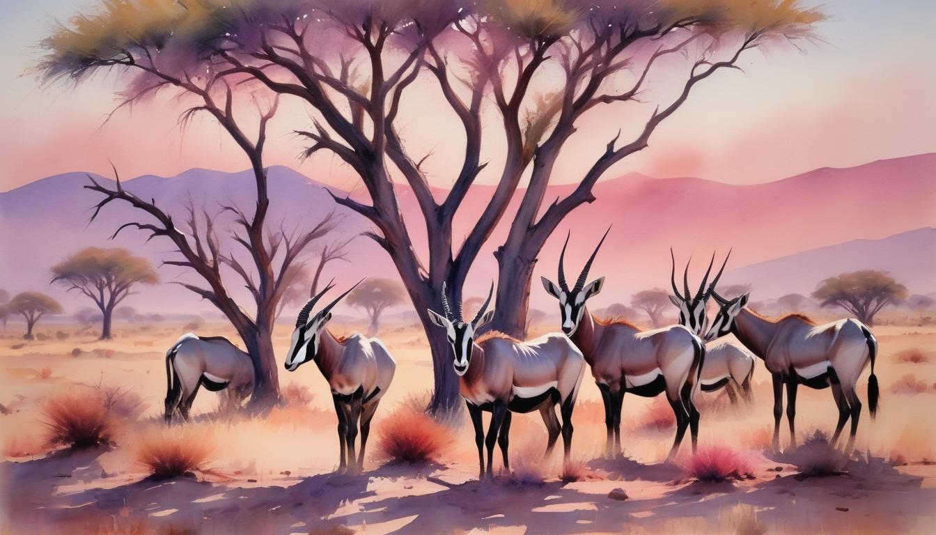 Gemsbok Oryx in Kalahari: Impressionist Watercolor Triptych