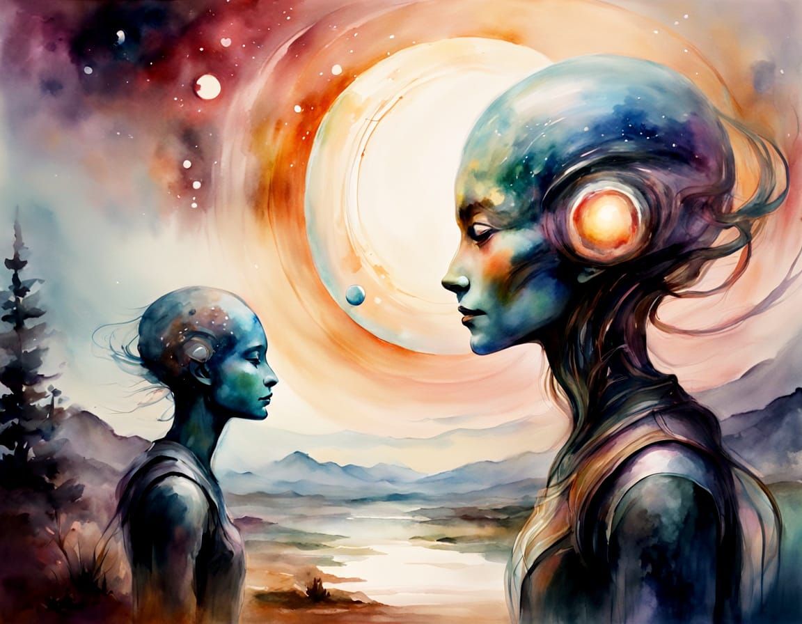 Ethereal Alien Meeting in Watercolor Style
