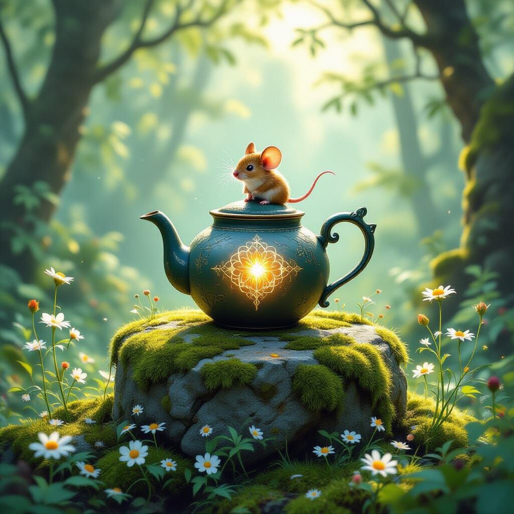 Ornate Teapot in Mystical Forest, Classic Illustration
