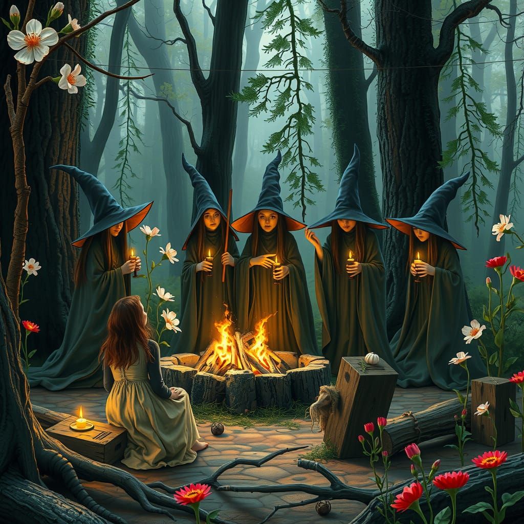 Witches Celebrate Spring Equinox in Mystical Forest Glade