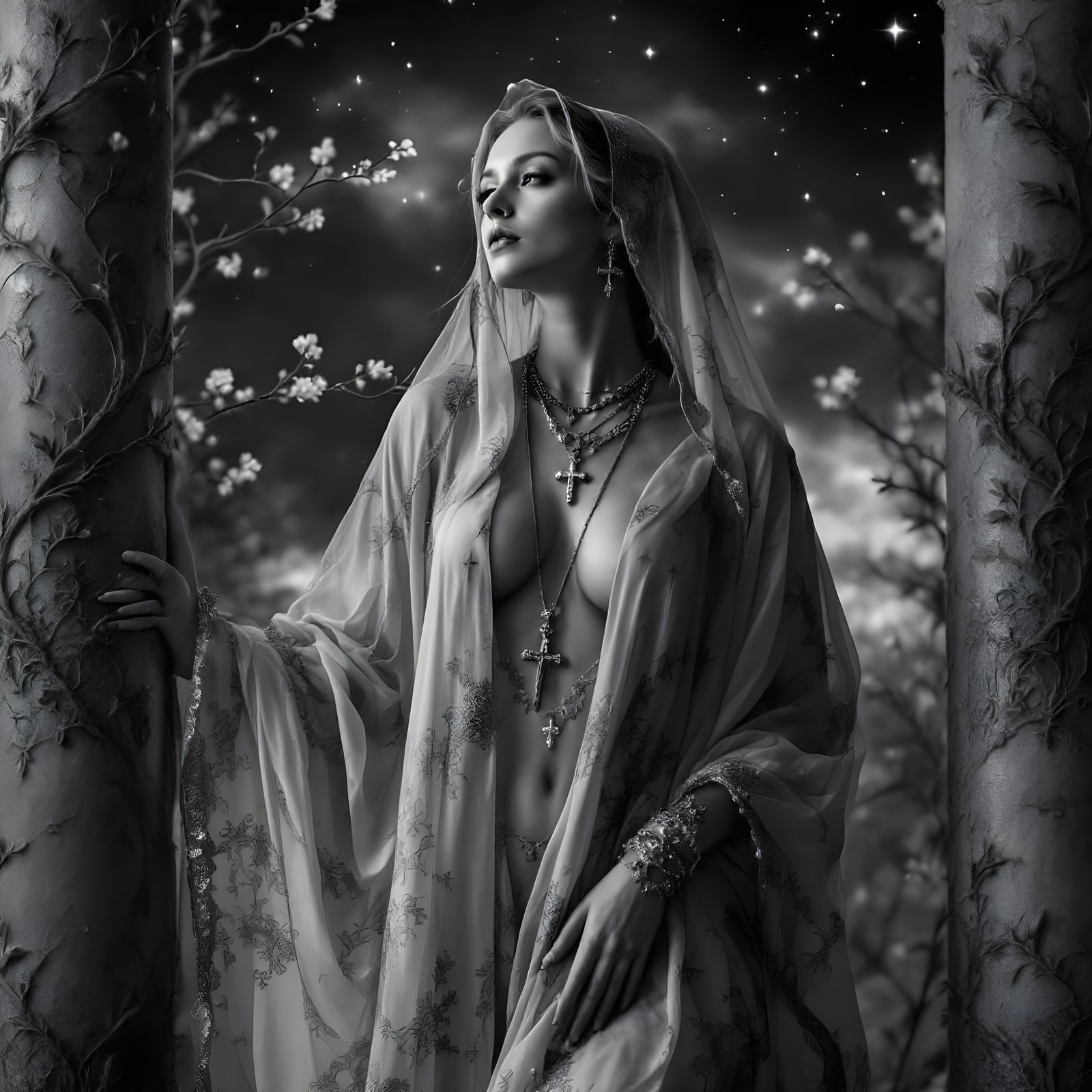 Mystical Woman in Ornate Columns with Starry Sky