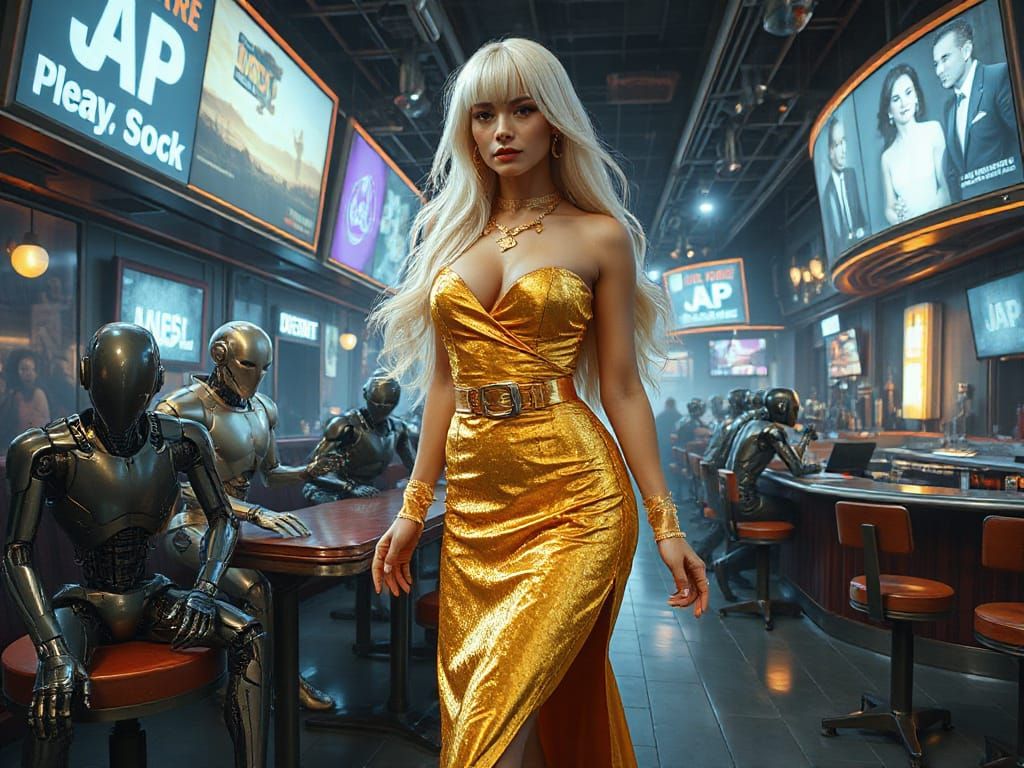Android Woman in Futuristic Jazz Club, Photorealistic Style