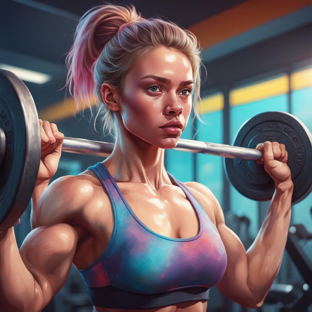 Hyperrealistic Girl Lifting Weights as Splash Art