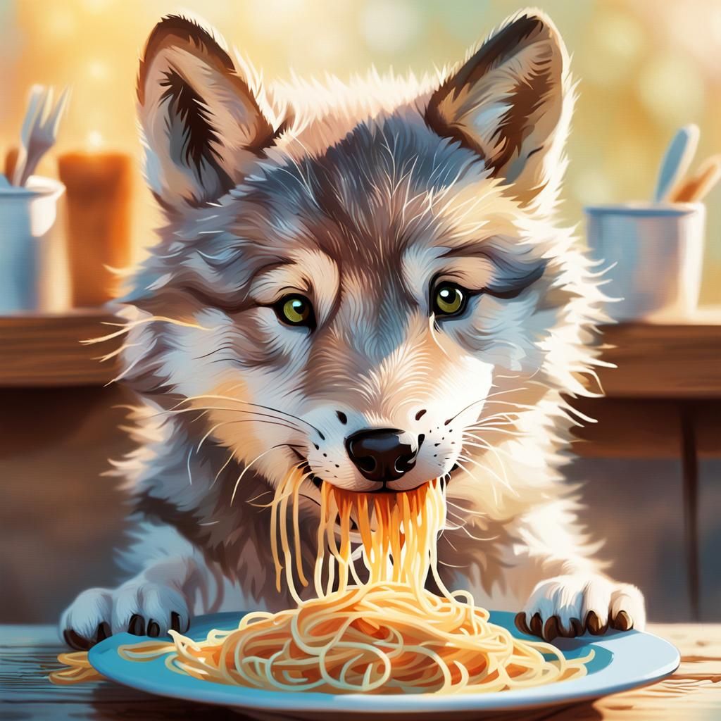 Adorable Wolf Puppy Eating Spaghetti: Watercolor Illustratio...