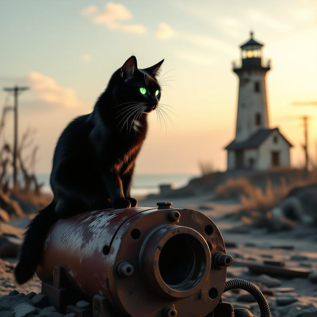 Black Cat Familiar on Engine Block in Wasteland