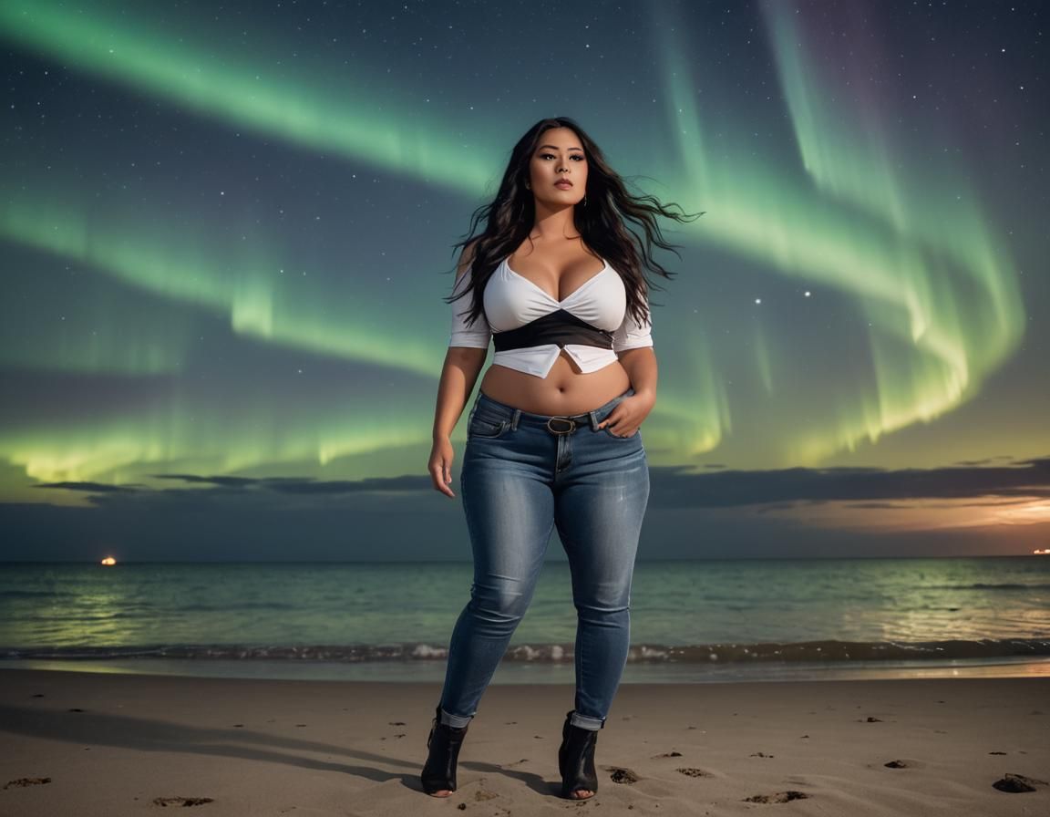 Curvy Woman on Beach Under Northern Lights: Hyperrealistic