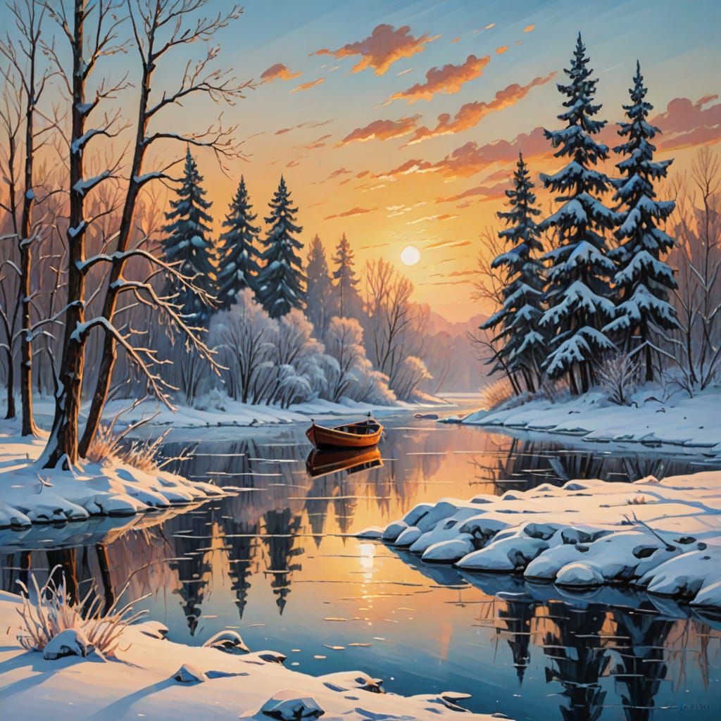 Serene Winter Wonderland with Frozen Boat and Snow-Covered T...