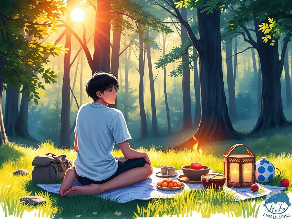 Anime Couple's Forest Picnic in Watercolor Style