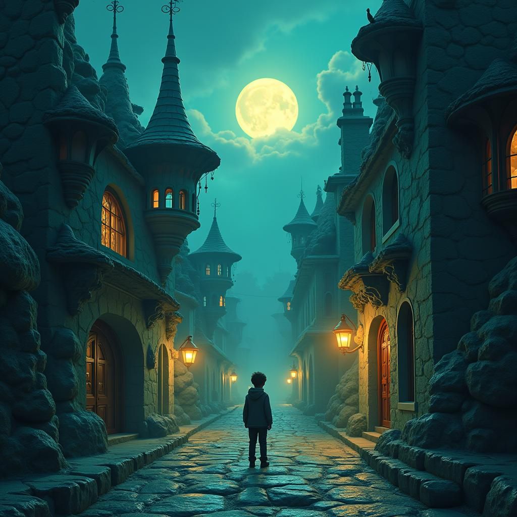 Mystical Moonlit Street Scene in Emerald and Gold