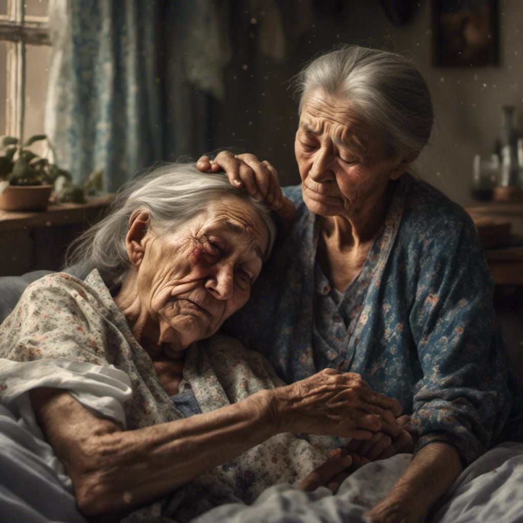 Emotional Scene: Elderly Woman Mourns Dying Husband