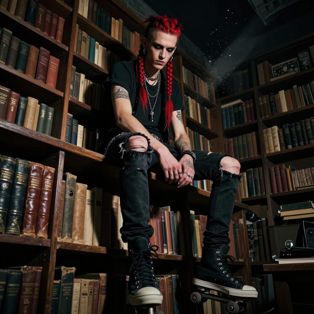 Punk Skater in Dim Bookshop, Cyberpunk Style