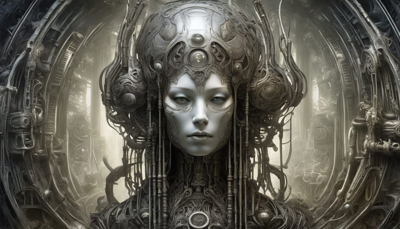 Cybernetic Woman Emerging from Mist in Ethereal Style