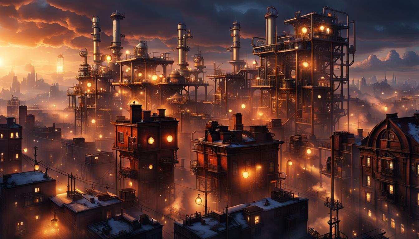 Steampunk Cityscape: High Altitude View at Dusk