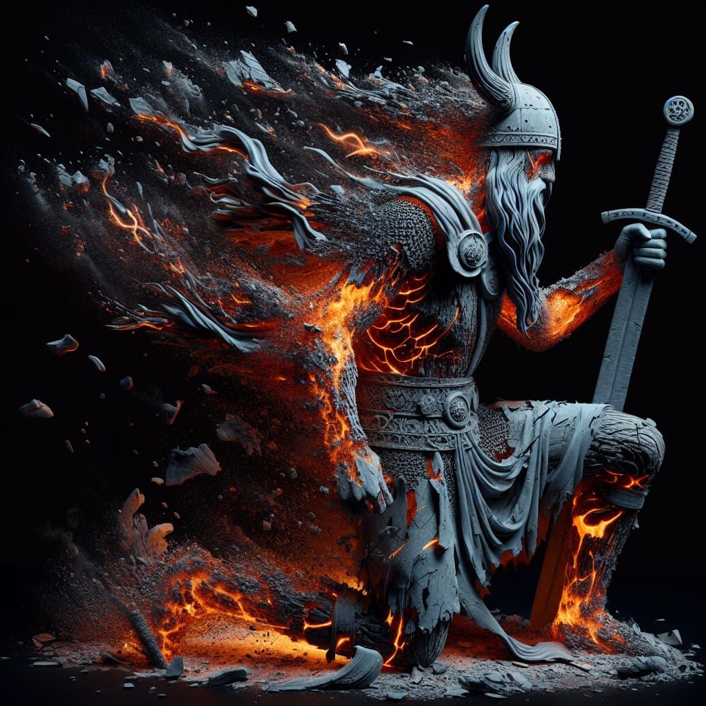 Viking God Disintegrating: A Hyperrealistic Digital Artwork