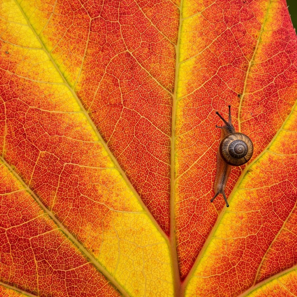 Macro Autumn Leaf with Snail, Shallow Depth of Field