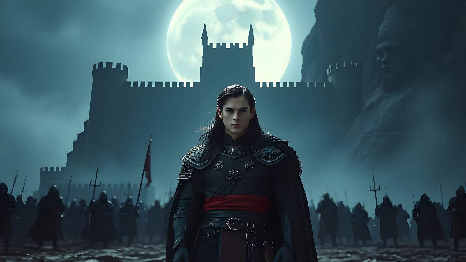 Medieval Warrior Addressing Troops Under Lunar Glow