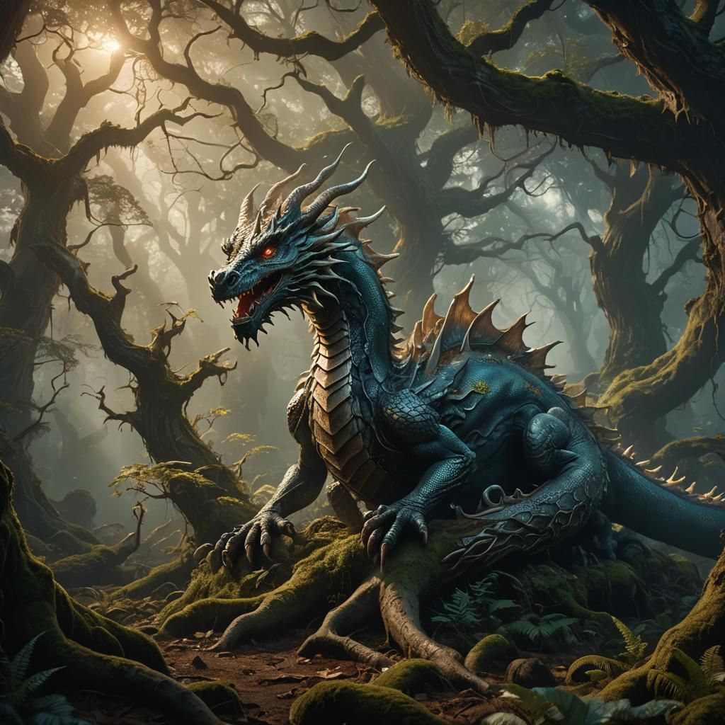 Mystical Dragon in a Forest, Fantasy Concept Art
