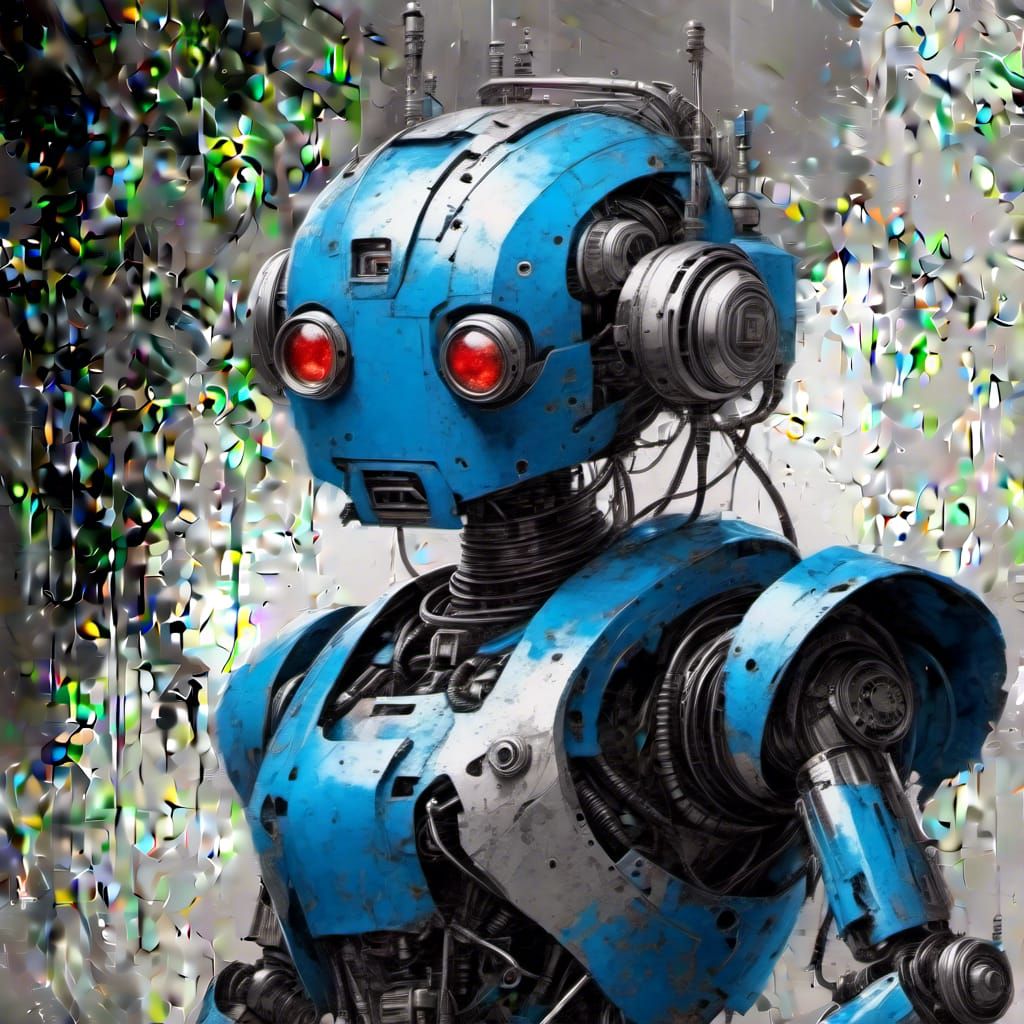 Cute Surreal Robot in Grayscale Blue