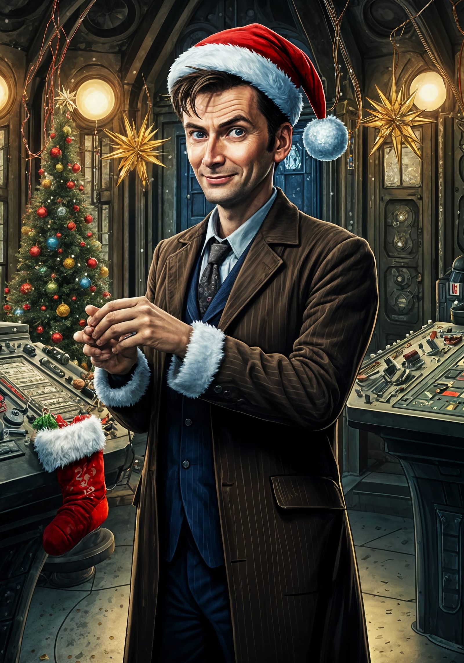 Doctor Who TARDIS Control Room Decorated for Christmas