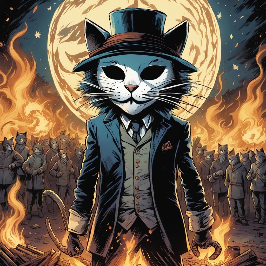 Cat in Guy Fawkes Mask Comic Book Art