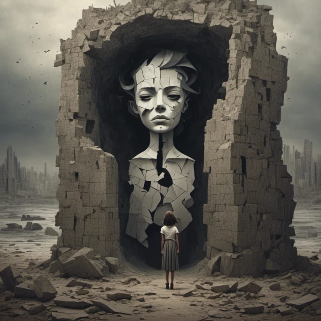 Man in Giant Head Statue Ruins, Digital Art