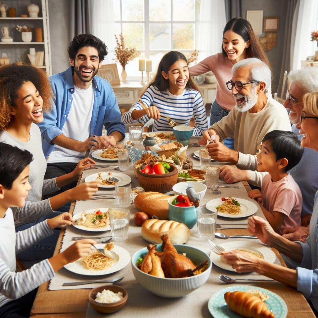 Multicultural Family Gathered for Hearty Sunday Dinner in Wa...