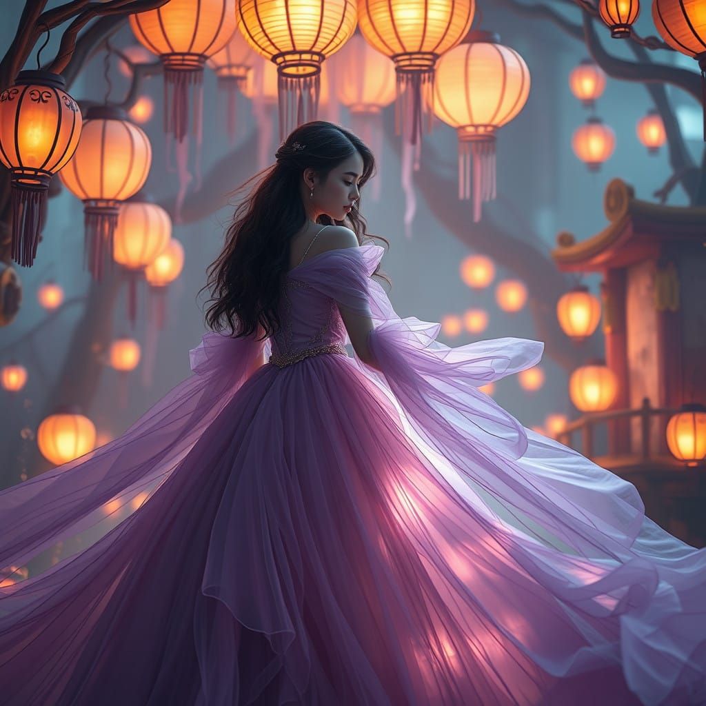 Ethereal Fantasy Maiden in Lavender Ball Gown with Glowing L...