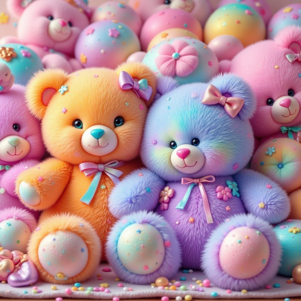 Whimsical Teddy Bears in Pastel and Shiny Colors