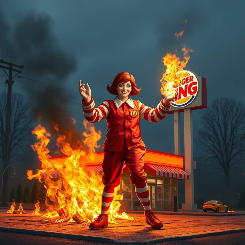 Evil Wendy Torches Burger King in Ronald McDonald Disguise