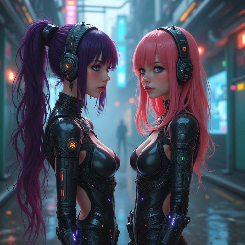 Neon-Lit Cyberpunk Girls in Futuristic High-Tech Urban Lands...
