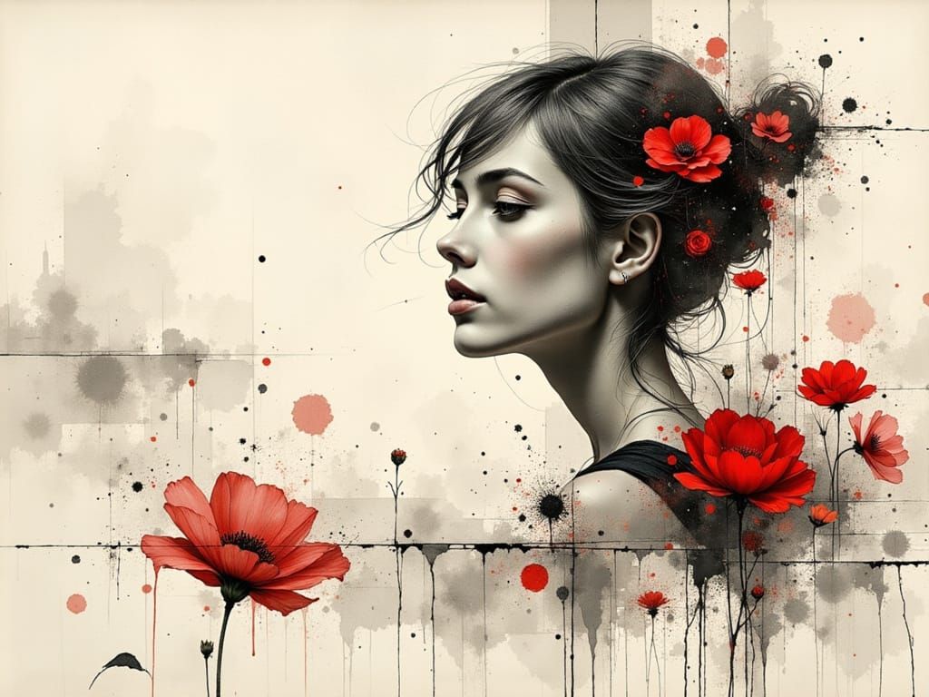 Fragmented Visage Portrait With Red Flowers in Ink Style