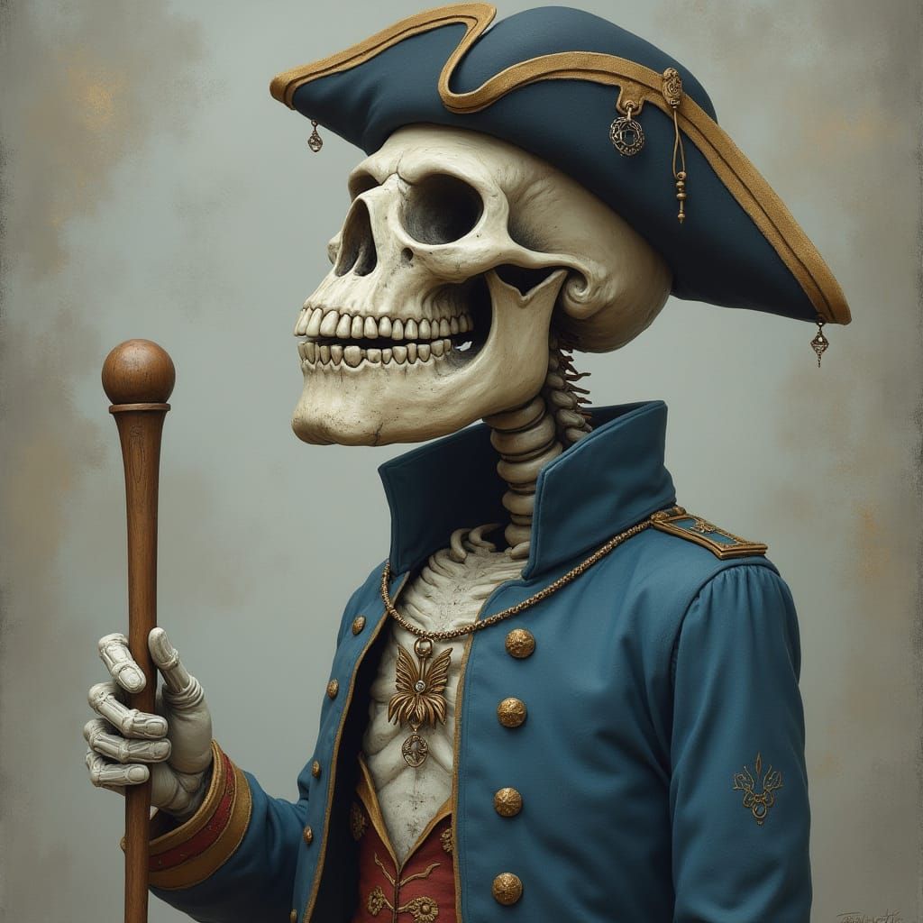 Surreal Skeleton Soldier with Cane in Naoto Hattori Style