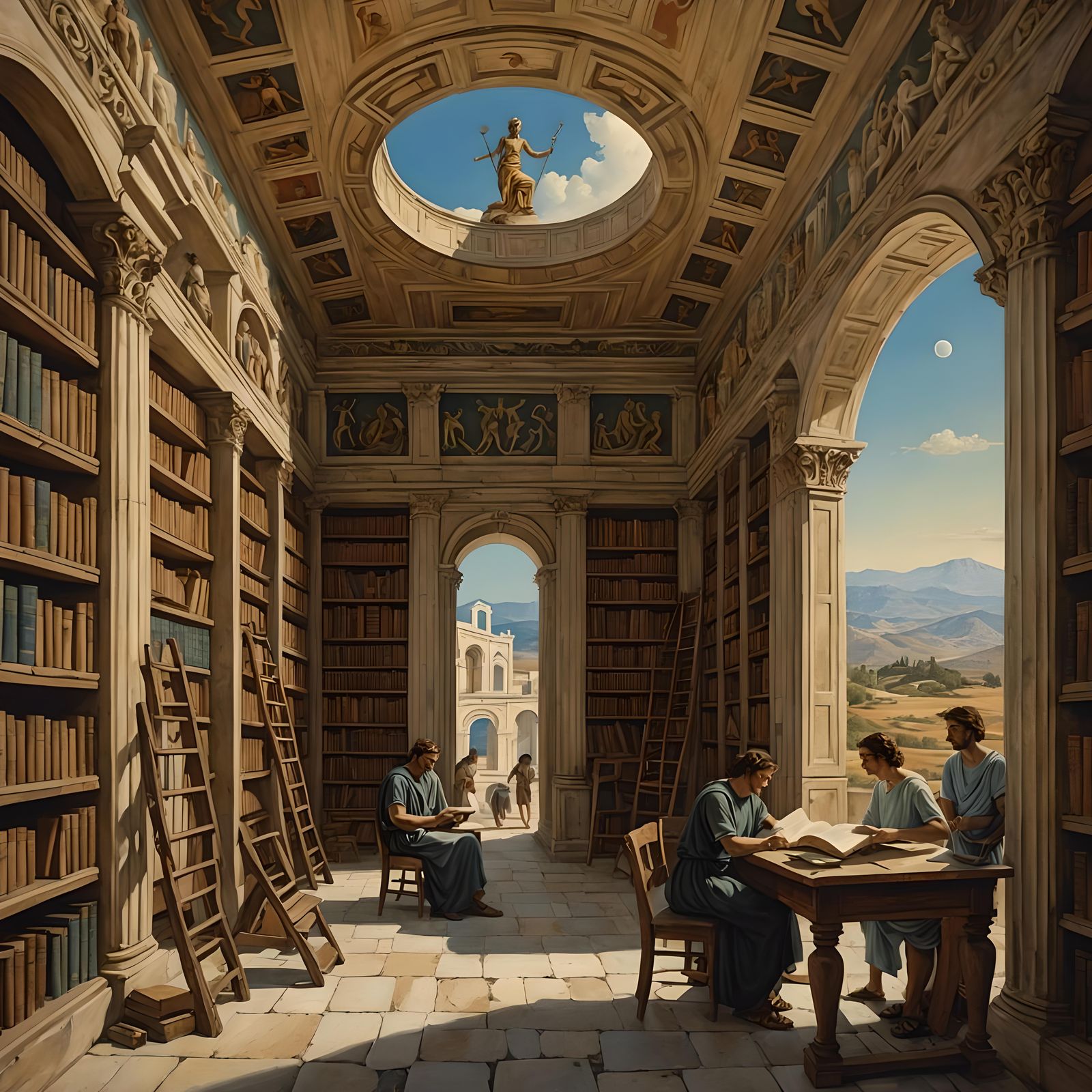 Surreal Rural Greek Library with Students in Surrealist Styl...