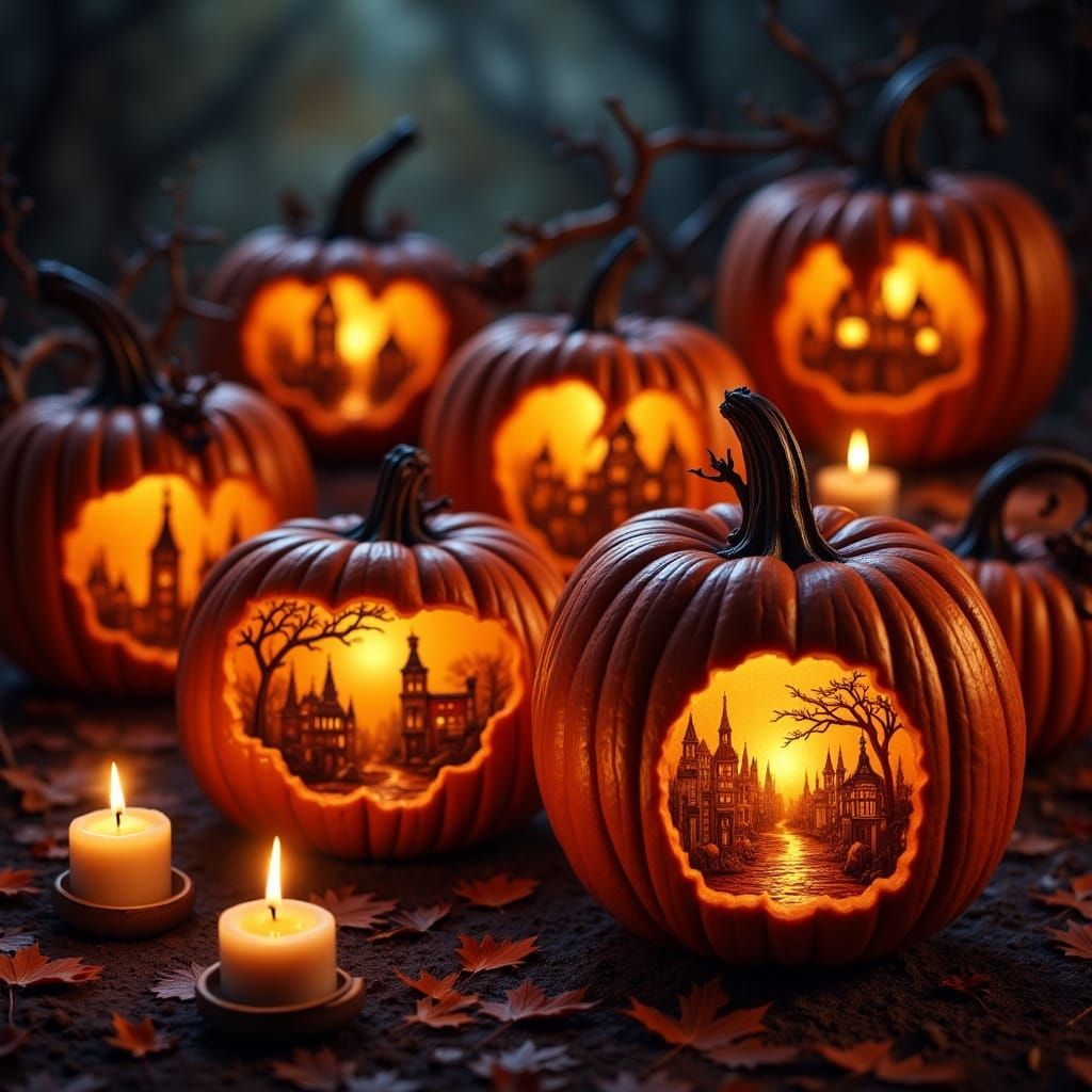Halloween Pumpkins with Miniature Cities, Mystical Autumnal ...